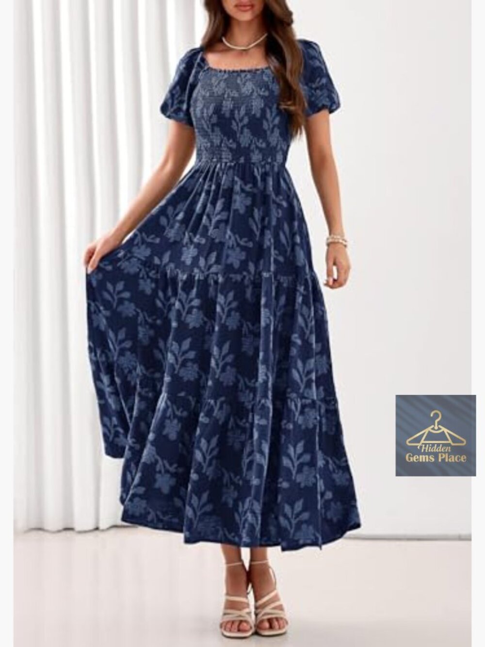 Boho Maxi Dress Floral Short Sleeve Square Neck Smocked Flowy Long Vacation - Picture 3 of 7